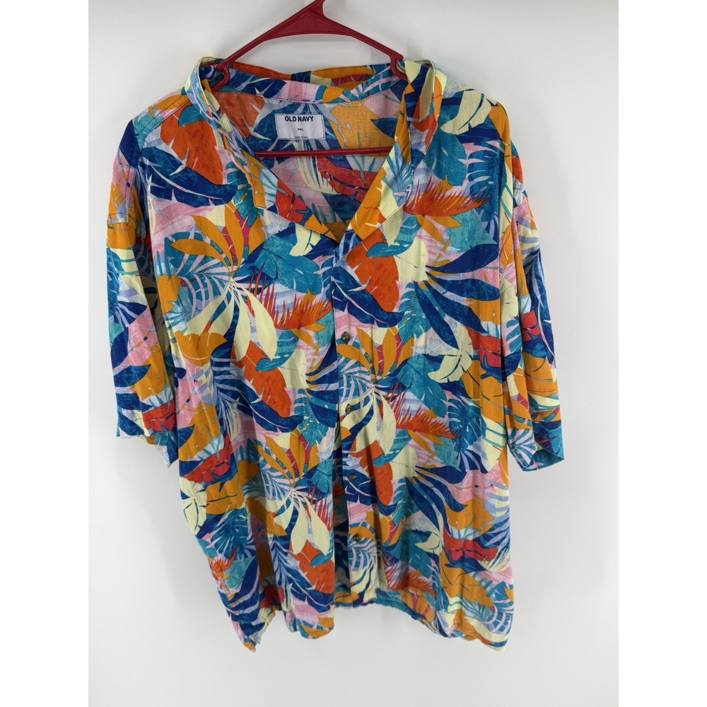 Old Navy Mens XXL Hawaiian Shirt Tropical Floral Palm Leaf Button Up Rayon